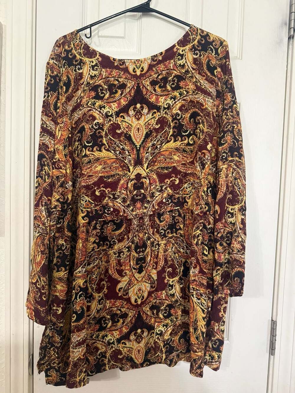 J.Jill Women's Burgundy Gold Paisley Print Long Sleeve Tunic Top XL